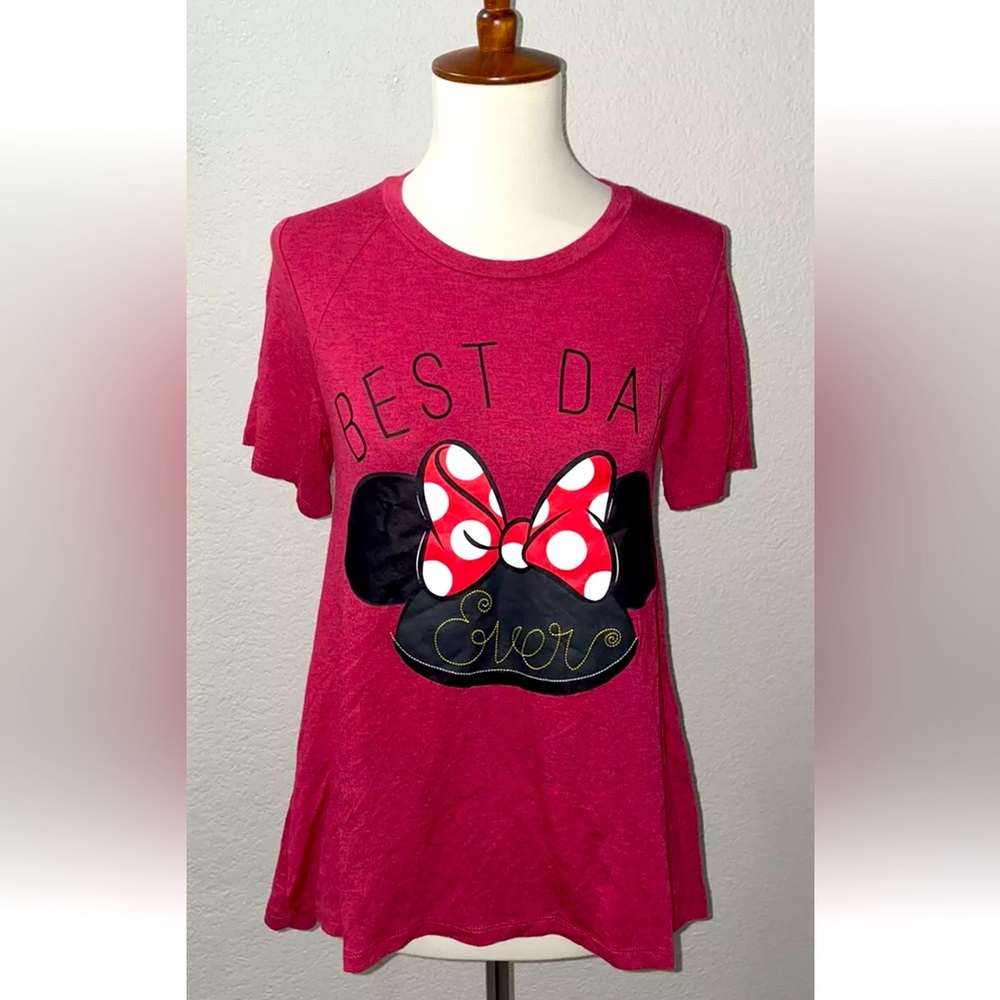 Disney Parks Authentic Embroidered Best Day Ever Minnie Ears Tee, Red, Size XS